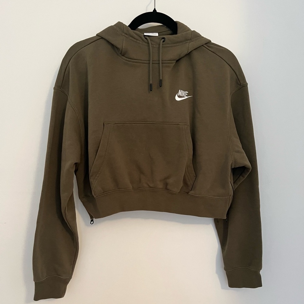 Nike Women's Cropped Hoodie with Drawstring Olive Green Size XS